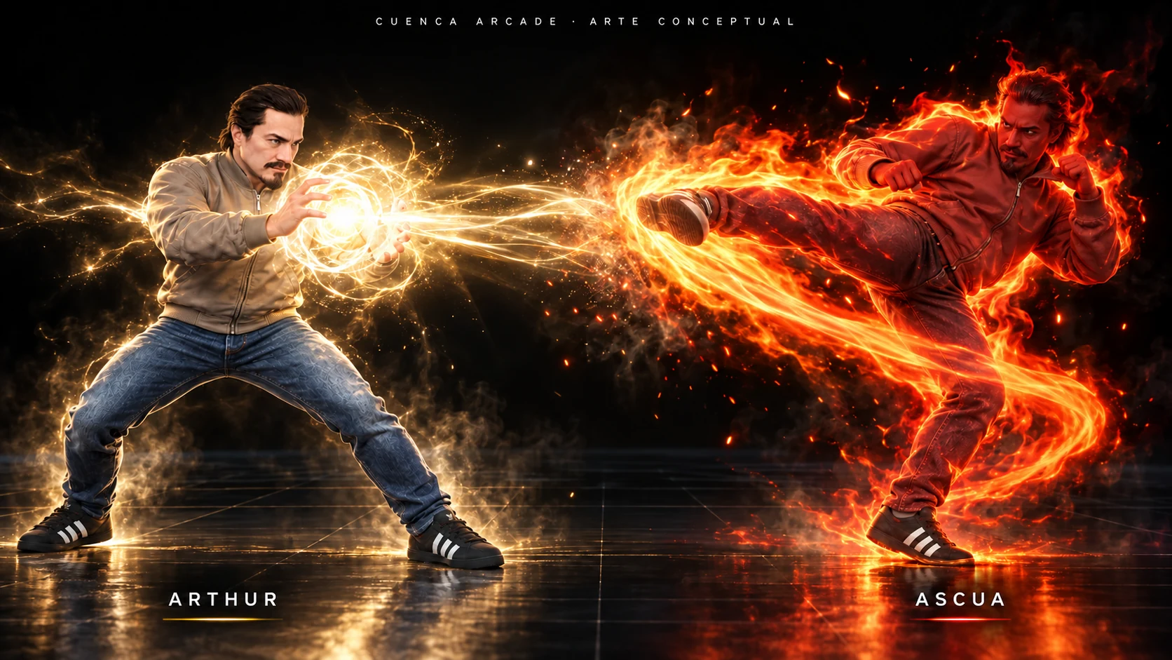 Arthur × Ascua, ilustración promocional sobre un grid negro con efectos de energía