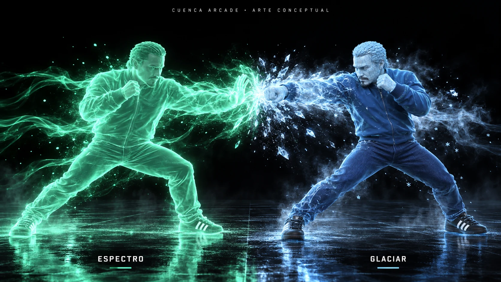 Espectro × Glaciar, ilustración promocional sobre un grid negro con efectos de energía